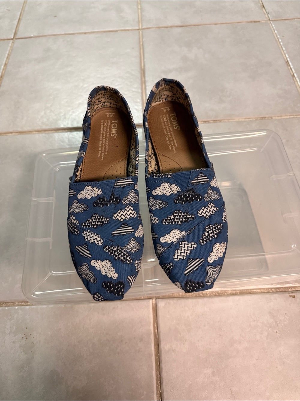 Toms Blue Canvas Slip-On Loafers with White and Black Cloud Print